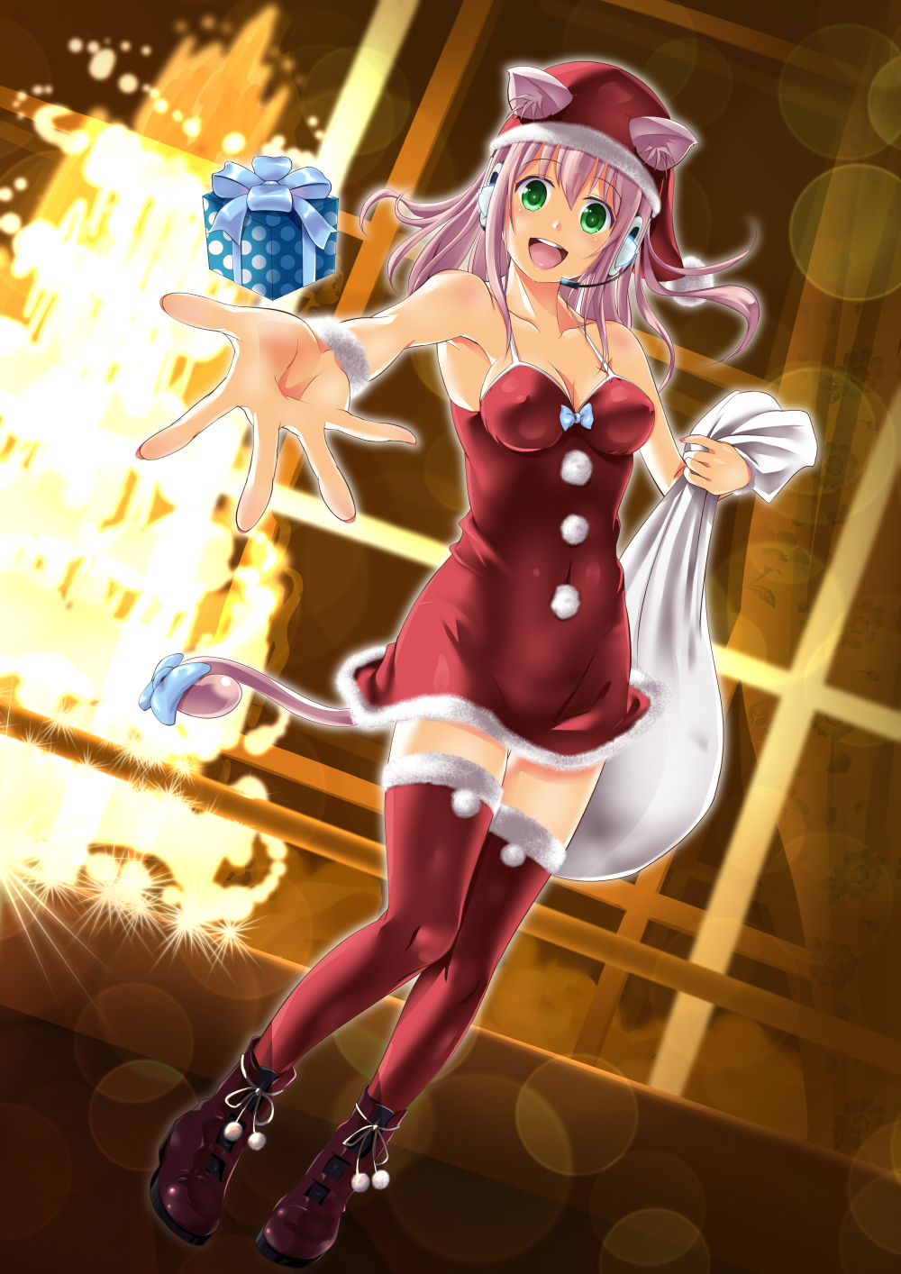 animal_ears bag bare_shoulders blush box breasts cat_ears cat_tail christmas ganari_ryuu gift gift_box green_eyes hat headphones headset highres large_breasts long_hair looking_at_viewer open_mouth original pink_hair pom_pom_(clothes) sack santa_costume santa_hat smile solo super_tama_musume tail tamatoys thighhighs twintails