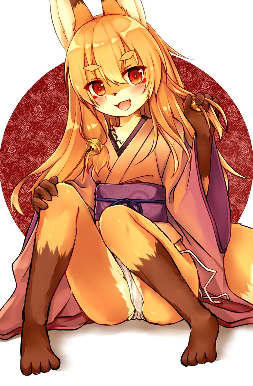 1girl animal_ears bell borrowed_character brown_hair commentary_request fox_ears fox_tail furry furugitsune hair_ornament hand_in_hair hand_on_own_knee highres japanese_clothes jingle_bell kida_kuro_mu kimono knees_yp long_hair no_pants obi open_mouth original panties red_eyes sash short_kimono side-tie_panties sitting smile solo tail underwear untied white_panties