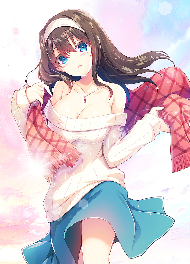 1girl armpit_crease bangs bare_shoulders blue_eyes blue_skirt blush breasts brown_hair cleavage cloud collarbone feet_out_of_frame floating_hair gunp hair_intakes hairband head_tilt holding_scarf idolmaster idolmaster_cinderella_girls jewelry long_hair long_sleeves looking_at_viewer medium_breasts miniskirt necklace off-shoulder_sweater parted_lips plaid plaid_scarf red_scarf ribbed_sweater sagisawa_fumika scarf sidelocks skirt sleeves_past_wrists solo standing sweater