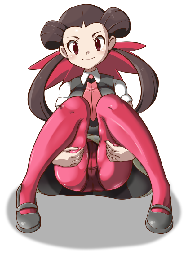 brown_hair crotch_seam hair_pulled_back long_hair looking_at_viewer mary_janes necktie panties panties_under_pantyhose pantyhose pink_legwear pokemon pokemon_(game) pokemon_oras red_eyes refuto school_uniform shoes sitting smile solo tsutsuji_(pokemon) twintails underwear