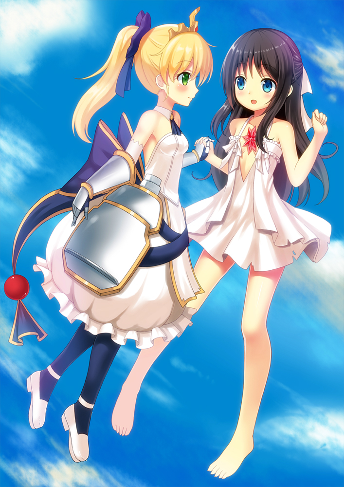 :d bare_shoulders barefoot black_legwear blonde_hair blue_bow blue_eyes blush bow breasts brown_hair closed_mouth cloud collarbone crystal dress eyebrows_visible_through_hair forward_to_the_sky full_body gauntlets green_eyes hair_bow hair_ribbon half_updo holding_hands long_hair looking_at_another multiple_girls open_mouth pantyhose ponytail princess_(forward_to_the_sky) ribbon setona_(daice) sky small_breasts smile spaghetti_strap tiara white_dress white_footwear white_ribbon witch_(forward_to_the_sky)