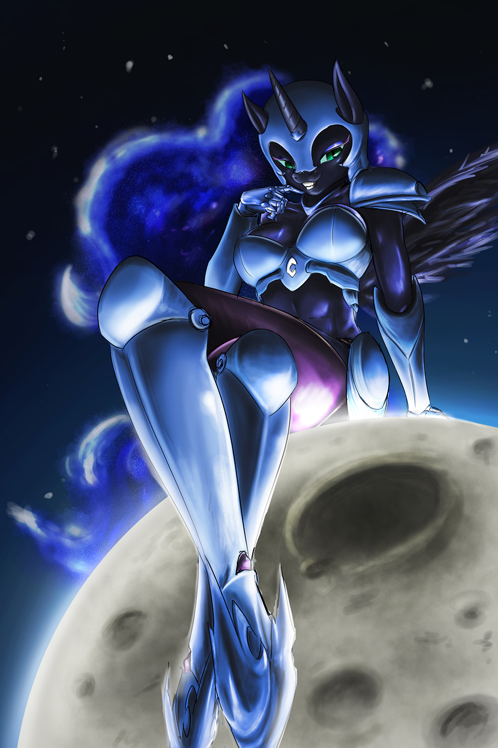 2015 abs anthro anthrofied armor blue_hair breasts cleavage clothed clothing d-lowell equine female friendship_is_magic gauntlets green_eyes hair horn mammal moon my_little_pony navel nightmare_moon_(mlp) sitting slit_pupils solo sparkles unconvincing_armor winged_unicorn wings