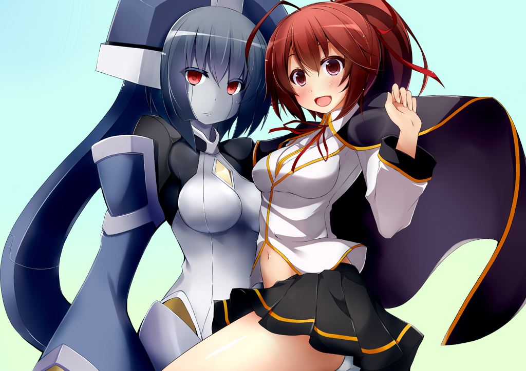 blazblue blazblue:_chronophantasma blush breasts brown_hair cape celica_a_mercury dd_mayohara grey_hair large_breasts long_sleeves minerva_(blazblue) miniskirt multiple_girls ponytail red_eyes ribbon short_hair skirt