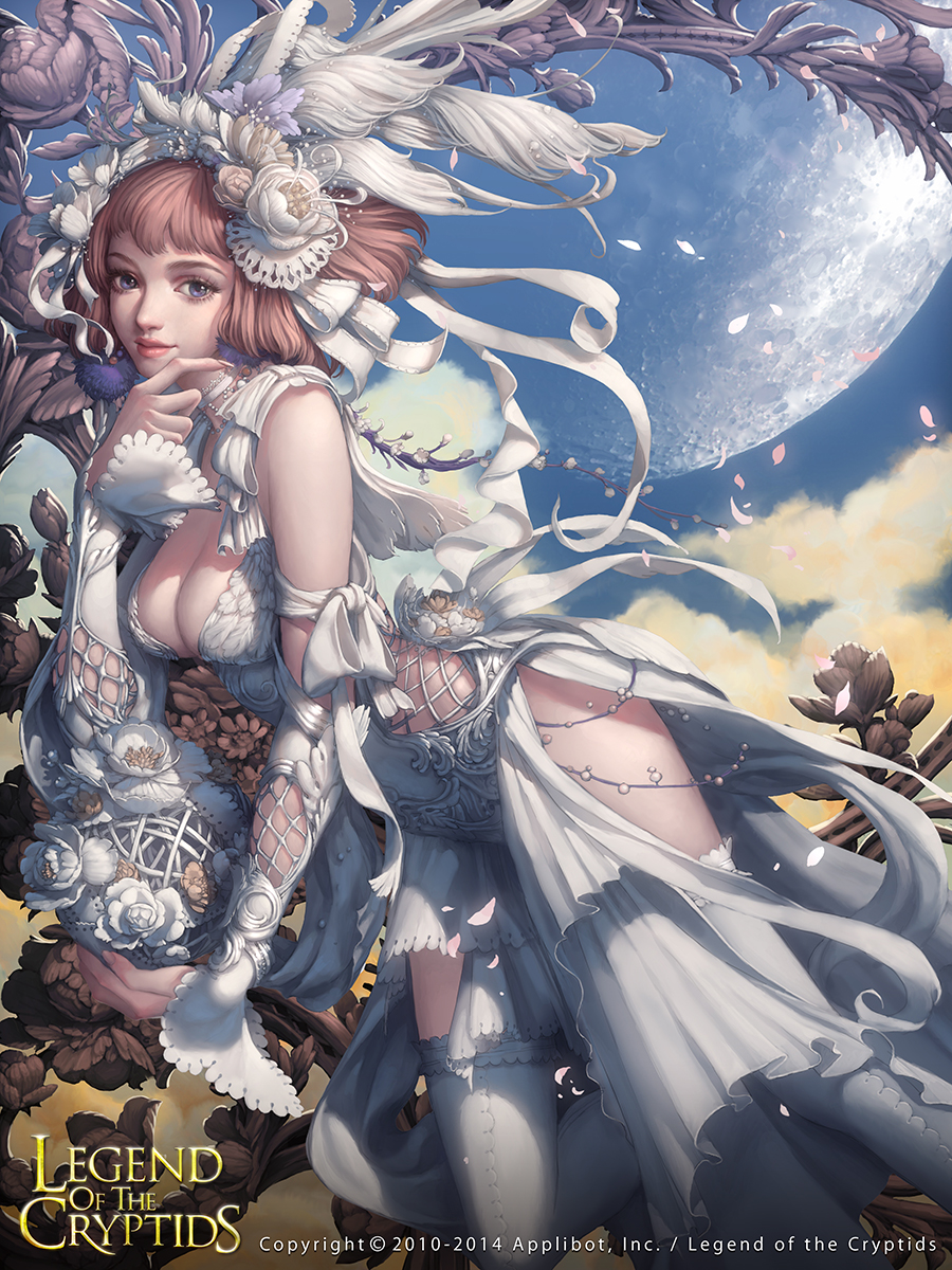 blue_eyes bow breasts brown_hair cglange cleavage copyright_name flower hair_bow hair_flower hair_ornament hair_ribbon hairpiece highres large_breasts legend_of_the_cryptids moon nathalia pale_skin ribbon solo thighhighs watermark