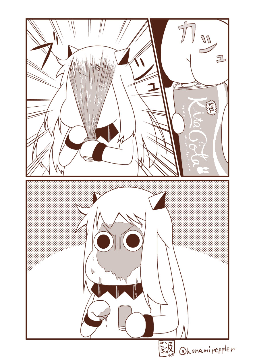 1girl can comic commentary_request emphasis_lines failure highres horns kantai_collection long_hair mittens monochrome moomin muppo northern_ocean_hime sazanami_konami shinkaisei-kan solo truth twitter_username