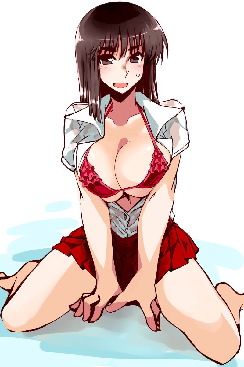 :d barefoot bikini bikini_under_clothes black_eyes black_hair breasts cleavage commentary_request cosaten frilled_bikini frills highres large_breasts navel open_clothes open_mouth open_shirt pleated_skirt red_bikini red_skirt school_rumble shirt sitting skirt smile solo suou_mikoto swimsuit swimsuit_under_clothes wariza