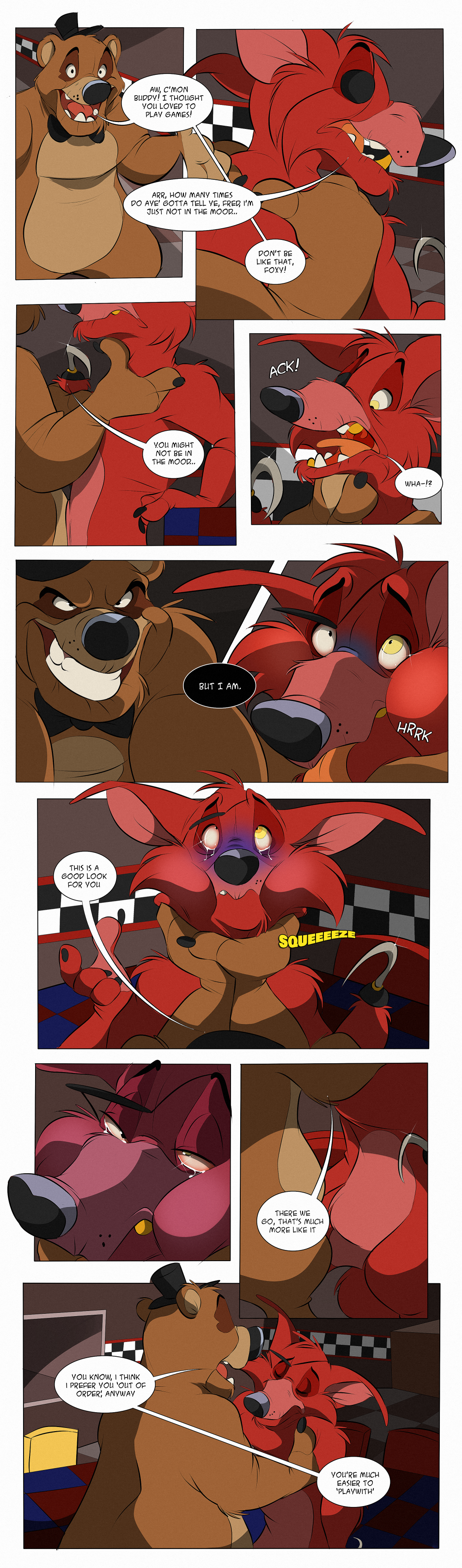 anthro asphyxiation choking comic dialogue digital_media_(artwork) duo english_text evil_grin eye_roll featureless_crotch five_nights_at_freddy's foxy_(fnaf) freddy_(fnaf) grin hand_on_neck imminent_rape looking_at_another nude open_mouth peril piromane smile strangling tears text tongue unconscious video_games violence