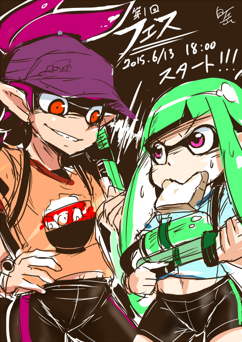 baseball_cap bowl commentary_request domino_mask food food_in_mouth green_hair hat inkling long_hair mask monster_boy monster_girl mouth_hold multiple_girls navel pointy_ears purple_eyes red_eyes rice rice_bowl shirotake_jinan shirt splat_charger_(splatoon) splatoon_(series) splatoon_1 splattershot_(splatoon) super_soaker tentacle_hair toast toast_in_mouth