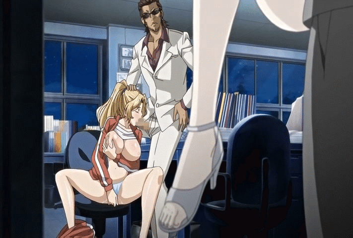 1boy 2girls animated animated_gif areolae asuka_okita blonde_hair breast_grab breasts carrying censored eyes_closed fellatio grabbing hand_on_head jacket large_breasts long_hair masturbation multiple_girls nipples office open_clothes oral panties penis ponytail pregnant pumps pussy_juice ran_sem red_jacket rin_x_sen self_fondle shirt_lift spread_legs suit underwear white_legwear white_suit