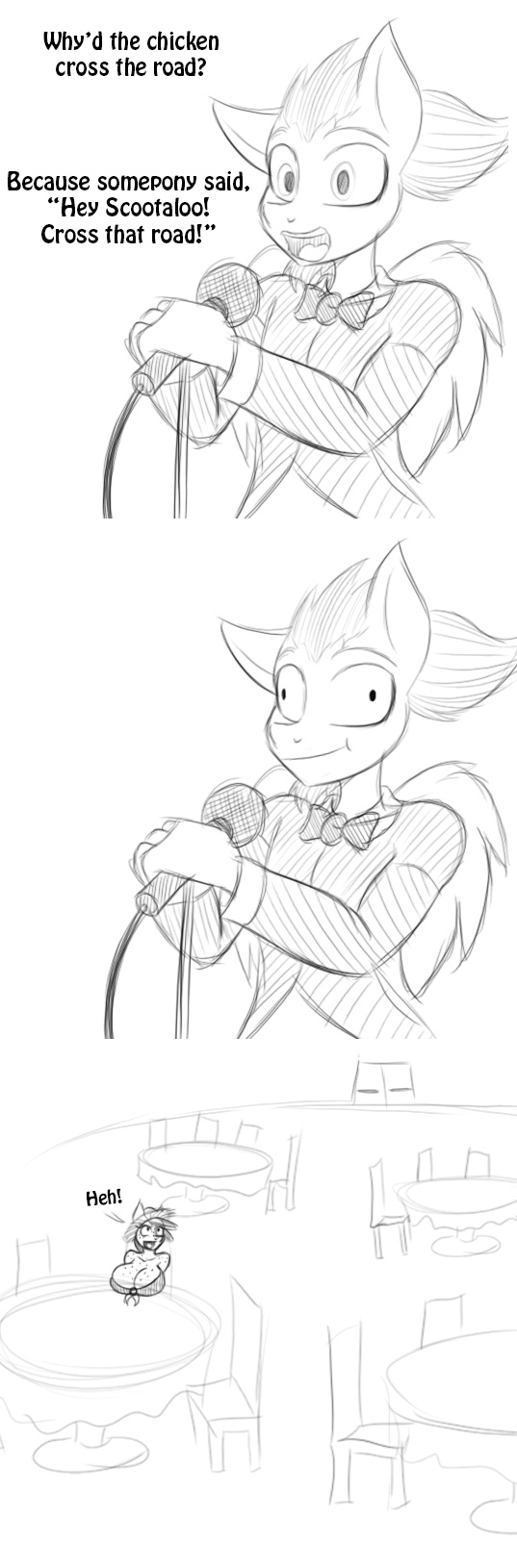 2015 anthro anthrofied bad_joke bow_tie breasts cleavage clothed clothing derp_eyes dialogue english_text equine fan_character female freckles humor jay_(oc) joke male mammal microphone monochrome pegasus sketch straw_hat text tumbleweed_(oc) wings