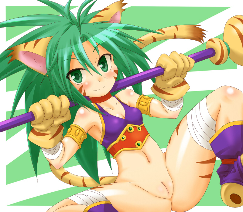 2010 animal_ears bandage bottomless breasts breath_of_fire butt cat_ears chamcham clothed clothing cosplay female green_eyes green_hair hair half-dressed humanoid katt_(breath_of_fire) looking_at_viewer momomo navel pussy samurai_shodown small_breasts smile solo spread_legs spreading staff video_games
