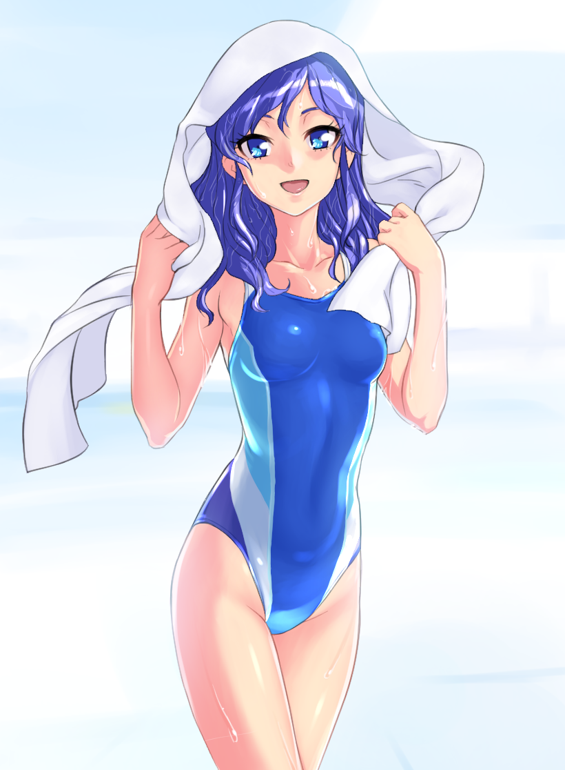 aikatsu! aikatsu!_(series) blue_eyes blue_hair blush competition_swimsuit hair_down kiriya_aoi long_hair looking_at_viewer oku_(okumen) one-piece_swimsuit open_mouth smile solo swimsuit towel water wet