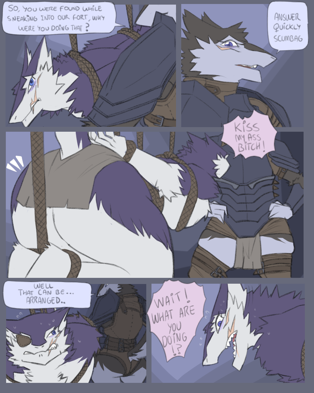 ambiguous_gender angry anthro armor blue_eyes bound clothing comic dialogue duo english_text eye_patch eyewear female hands_behind_back hands_on_hips hands_tied loincloth roly scar sergal sharp_teeth suspension teeth text