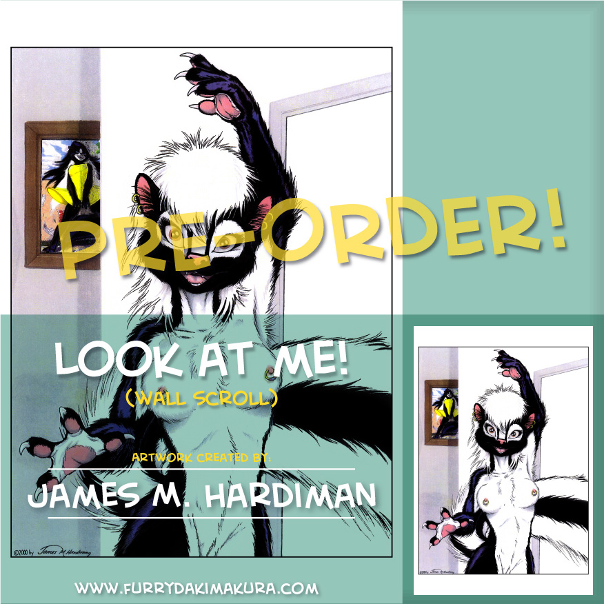 2015 advertisement annoying_watermark anthro breasts brown_eyes claws english_text female fur humanoid james_m_hardiman jim_hardiman looking_at_viewer mammal nipples nude onyx onyx_(jmh) open_mouth pawpads paws piercing pussy scroll skunk smile solo text tongue wall watermark