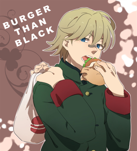 bag darker_than_black eating food goran_(darker_than_black) hamburger male_focus plastic_bag solo tsu