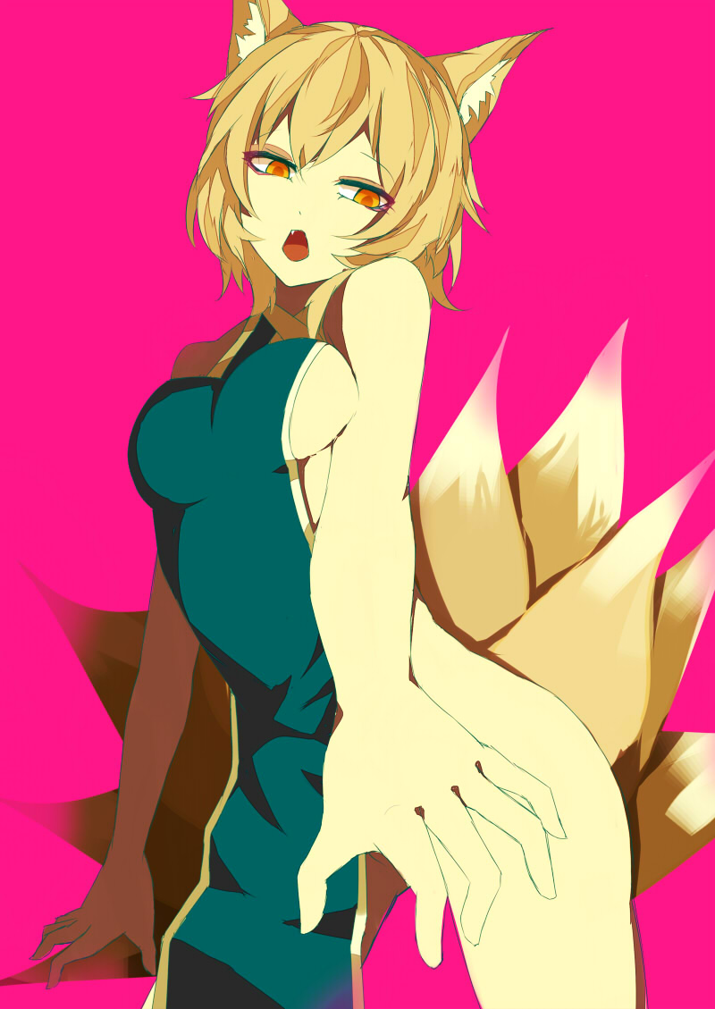 animal_ears blonde_hair breasts chiruru96 convenient_censoring fang foreshortening fox_ears fox_tail head_tilt hips medium_breasts naked_tabard no_hat no_headwear open_mouth pink_background simple_background sketch solo tabard tail touhou yakumo_ran yellow_eyes