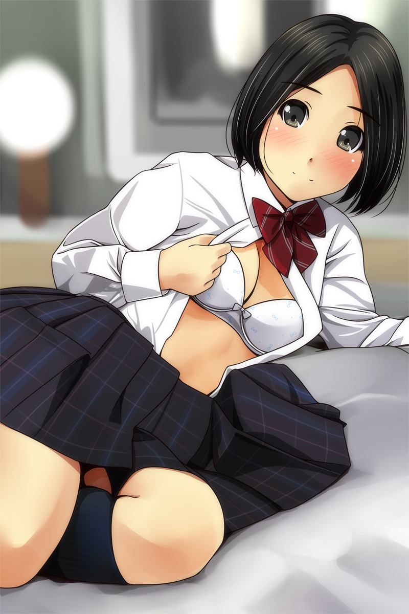 1girl black_hair black_legwear black_skirt blurry blurry_background blush bow bow_bra bra breasts brown_eyes closed_mouth collared_shirt commentary_request detached_sleeves dress_shirt highres kneehighs long_sleeves lying matsunaga_kouyou on_side open_clothes open_shirt original pleated_skirt shirt skirt small_breasts smile solo underwear white_bra white_shirt