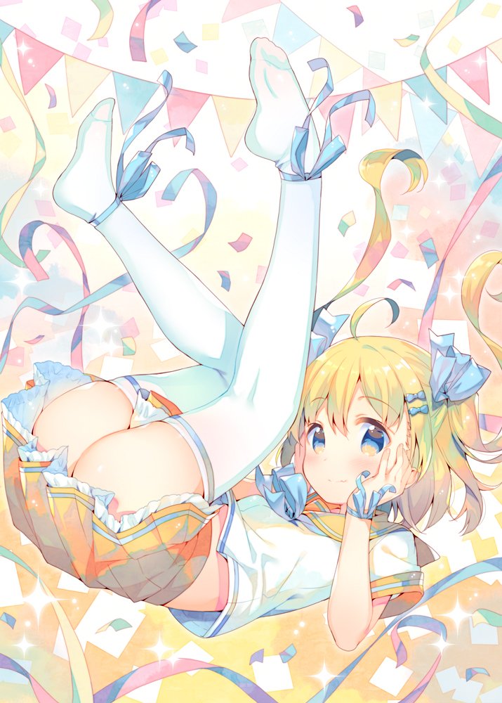 1girl ahoge ass bangs blonde_hair blue_bow blue_eyes blush bow commentary_request confetti eyebrows_visible_through_hair hair_between_eyes hair_bow hand_on_own_face hand_up legs_up lying meito_(maze) on_back orange_sailor_collar orange_skirt original pennant pleated_skirt sailor_collar school_uniform serafuku shirt short_sleeves skirt solo string_of_flags thighhighs two_side_up white_background white_shirt