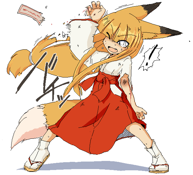 1girl animal_ears blonde_hair blood bruise commentary_request cursor fox_ears fox_girl fox_tail hair_ribbon hime_cut injury japanese_clothes kimono kitsunemiko long_hair looking_to_the_side miko one_eye_closed original ribbon sakifox sandals simple_background socks solo standing sweat tail torn_clothes very_long_hair white_background white_legwear wide_sleeves