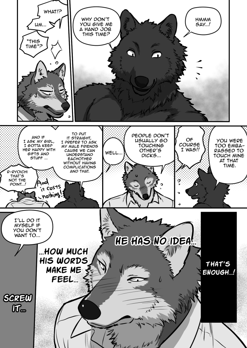 2015 animal_ears anthro black_body black_fur black_nose blush canine cheek_tuft chest_tuft chin_tuft clothed clothing comic duo ear_tuft ears_up english_text fangs fur grey_body grey_fur greyscale half-dressed happy hi_res kemono male male/male mammal manga maririn monochrome neck_tuft nervous open_mouth sharp_teeth shirt smile speech_bubble sweat teeth text tongue tongue_out topless translated tuft white_body white_clothes white_fur white_shirt wolf