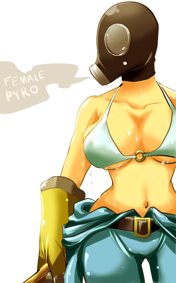 1girl belt bikini_top breasts gas_mask genderswap gloves large_breasts simple_background sweat team_fortress_2 the_pyro
