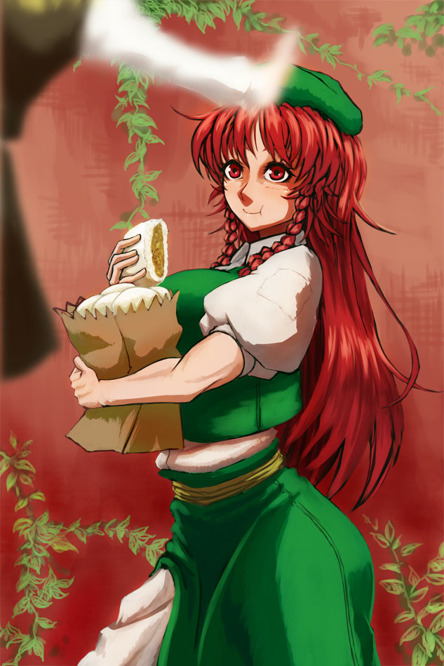 alternate_eye_color bangs baozi black_dress blouse braid breasts chinese_clothes dress eating food from_side hong_meiling ivy koyubi_(littlefinger1988) large_breasts long_hair long_sleeves multiple_girls outdoors outstretched_arms pants parted_bangs puffy_short_sleeves puffy_sleeves red_eyes red_hair rumia short_sleeves skirt skirt_set tangzhuang touhou twin_braids wall white_blouse white_pants