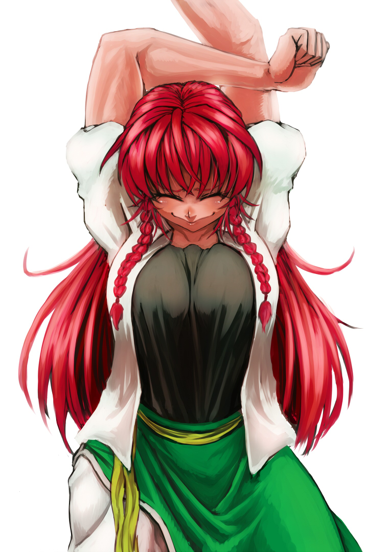 alternate_costume arm_up black_shirt blouse braid breasts closed_eyes closed_mouth hong_meiling koyubi_(littlefinger1988) large_breasts long_hair open_blouse open_clothes pants puffy_short_sleeves puffy_sleeves red_hair shirt short_sleeves skirt skirt_set solo stretch touhou twin_braids wavy_mouth white_blouse white_pants
