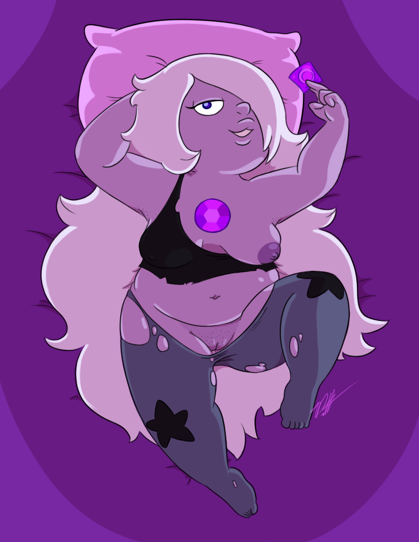 alien amethyst_(steven_universe) breasts chubby clothing condom crystal_gem female gem_(species) hair lips looking_at_viewer nipples not_furry pubes purple_hair purple_nipples purple_skin pussy solo steven_universe timoteihiv torn_clothing