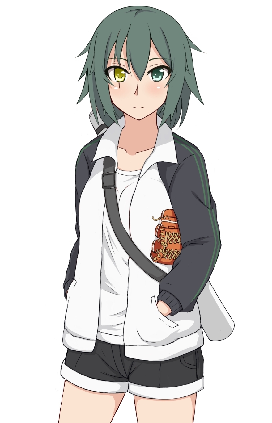 alternate_costume bad_id bad_pixiv_id baseball_mitt green_hair hands_in_pockets heterochromia highres jacket kantai_collection kiso_(kantai_collection) looking_at_viewer nikonikosiro no_eyepatch scar shirt short_hair short_shorts shorts solo white_shirt