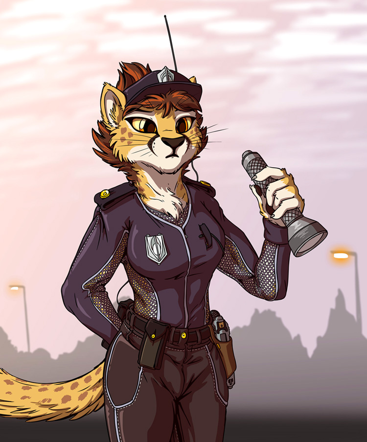 2015 anthro cheetah clothing feline female flashlight gun handgun mammal pistol police ranged_weapon street_lamp sunrise tirrel uniform weapon