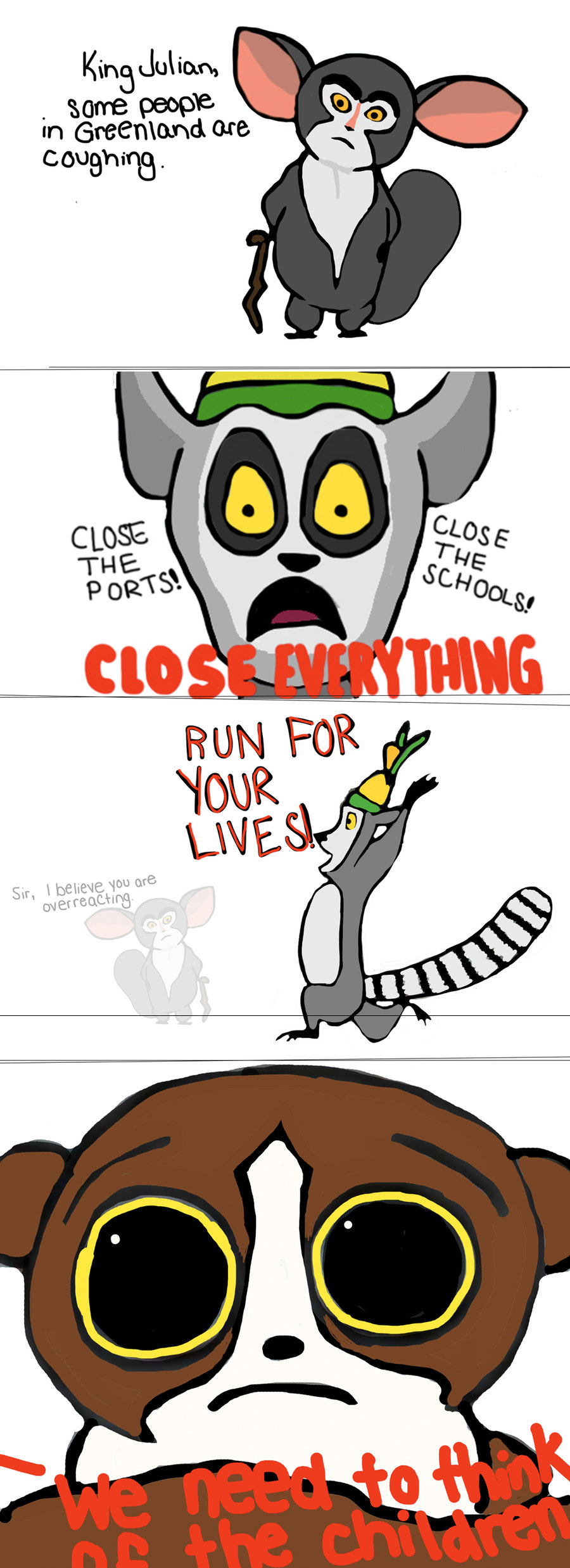 english_text frown king_julian lemur madagascar male mammal open_mouth pandemic primate text yellow_eyes