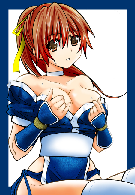 bare_shoulders blue_border border breasts brown_eyes brown_hair choker cleavage collarbone cowboy_shot dead_or_alive dress_pull kasumi_(doa) kettsu large_breasts long_hair looking_at_viewer obi off_shoulder parted_lips pelvic_curtain ponytail puffy_short_sleeves puffy_sleeves sash short_sleeves simple_background sitting solo sweat thighhighs undressing white_background white_legwear