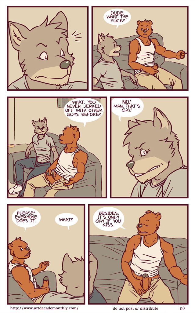 anthro artdecade bear canine comic english_text erection fur grizzly_bear male male/male mammal masturbation penis text uncut what wolf