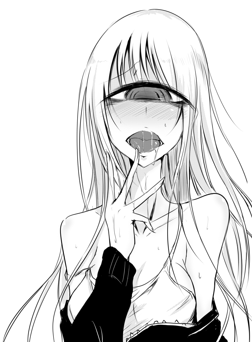 blush clothes_pull cyclops drooling finger_to_mouth greyscale half-closed_eye long_hair looking_at_viewer monochrome one-eyed open_mouth oral_invitation original saliva sangyou_haikibutsu_(turnamoonright) shirt simple_background sketch sleeveless sleeveless_shirt solo sweat sweater sweater_pull upper_body white_background