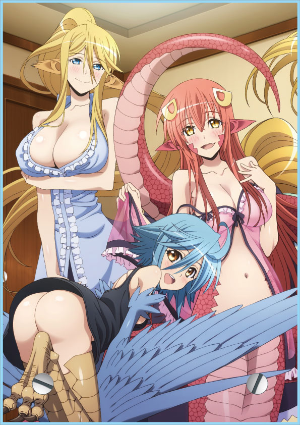 :d ahoge animal_ears ass babydoll back bangs bare_shoulders blonde_hair blue_border blue_eyes blue_hair blue_wings blush border bottomless breast_hold breasts centaur centorea_shianus convenient_censoring convenient_leg facial_mark fang feathered_wings feathers frills hair_between_eyes hair_ornament hairclip hand_on_own_chest harpy high_ponytail horse_ears horse_tail huge_breasts indoors lamia large_breasts light_smile lingerie long_hair long_pointy_ears looking_at_viewer looking_back miia_(monster_musume) monster_girl monster_musume_no_iru_nichijou multiple_girls navel nightgown official_art open_mouth papi_(monster_musume) pointy_ears ponytail red_hair ribbon scales see-through short_hair sideboob sidelocks slit_pupils small_breasts smile snake_tail strap_slip tail talons underwear underwear_only very_long_hair wings yellow_eyes