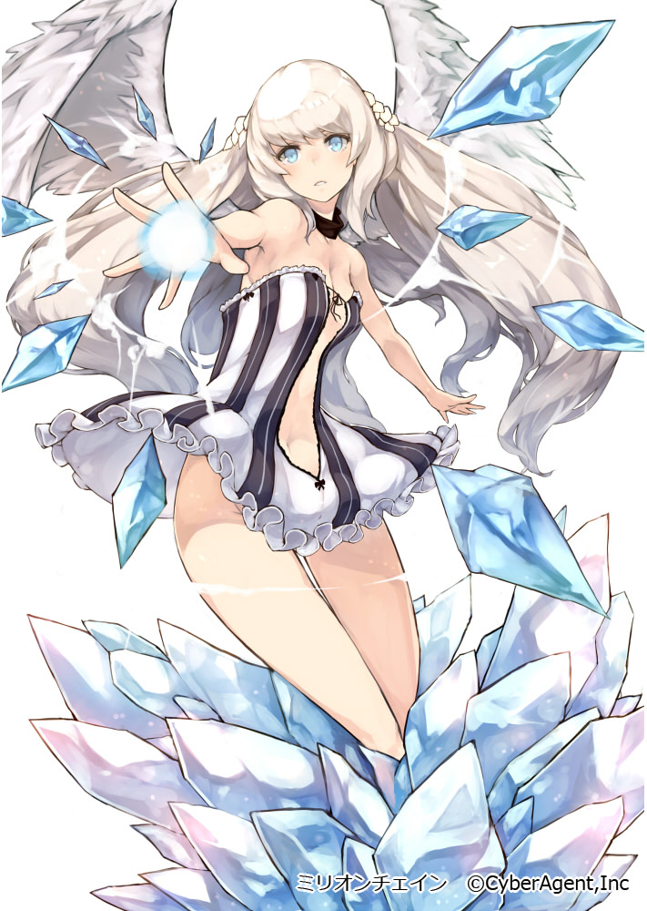 angel_wings bare_legs blue_eyes center_opening dress hair_ornament ice keypot long_hair looking_at_viewer million_chain official_art outstretched_arms short_dress silver_hair simple_background solo strapless strapless_dress very_long_hair white_background wings