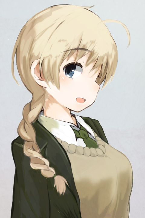 :d ahoge blush braid grey_background hair_over_shoulder light_brown_hair long_hair lynette_bishop magryo763 necktie open_mouth silver_background single_braid smile solo strike_witches sweater_vest upper_body world_witches_series