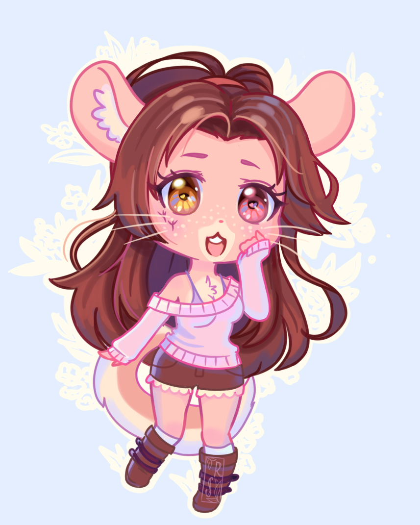 anthro boots brown_hair chibi chinchilla cinnamon_(sinamuna) clothing exposed_shoulder female footwear freckles hair heterochromia legwear mammal ponytail rodent round_ears sensu.realis shorts socks solo spots sweater tattoo undershirt