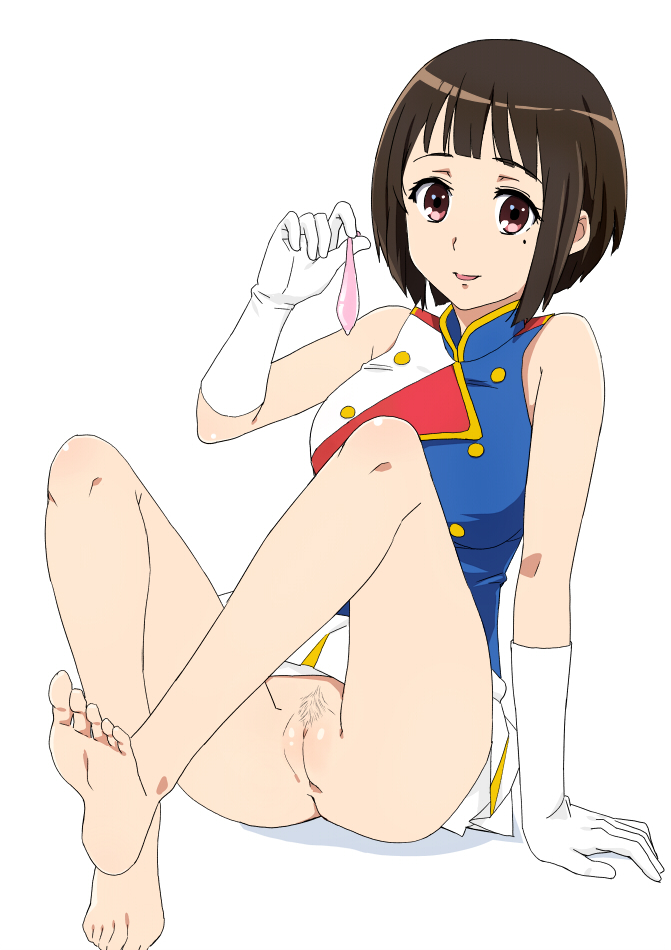 band_uniform bare_legs barefoot brown_eyes brown_hair condom feet gloves hibike!_euphonium ichihisa long_legs mole mole_under_eye nakaseko_kaori no_hat no_headwear no_panties pubic_hair pussy school_uniform short_hair sitting skirt skirt_lift soles solo toes used_condom