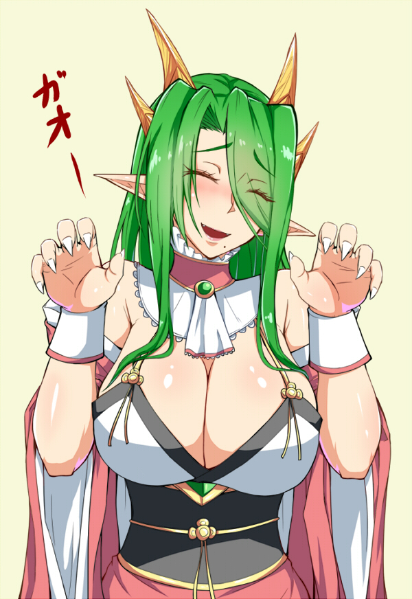 breasts cleavage closed_eyes detached_collar dragon_girl dream_demon green_hair hair_over_one_eye horns large_breasts long_hair mole mole_under_mouth monster_girl open_mouth original pointy_ears sharp_teeth simple_background smile solo teeth white_background