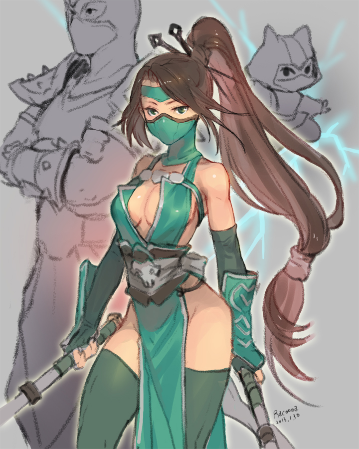 1girl akali bandana breasts brown_hair cleavage dual_wielding elbow_gloves fingerless_gloves gloves green_eyes green_legwear hair_ornament holding katana kennen league_of_legends long_hair mask medium_breasts ninja no_bra no_panties pelvic_curtain ponytail racoona revealing_clothes shen sideboob solo_focus sword thighhighs weapon