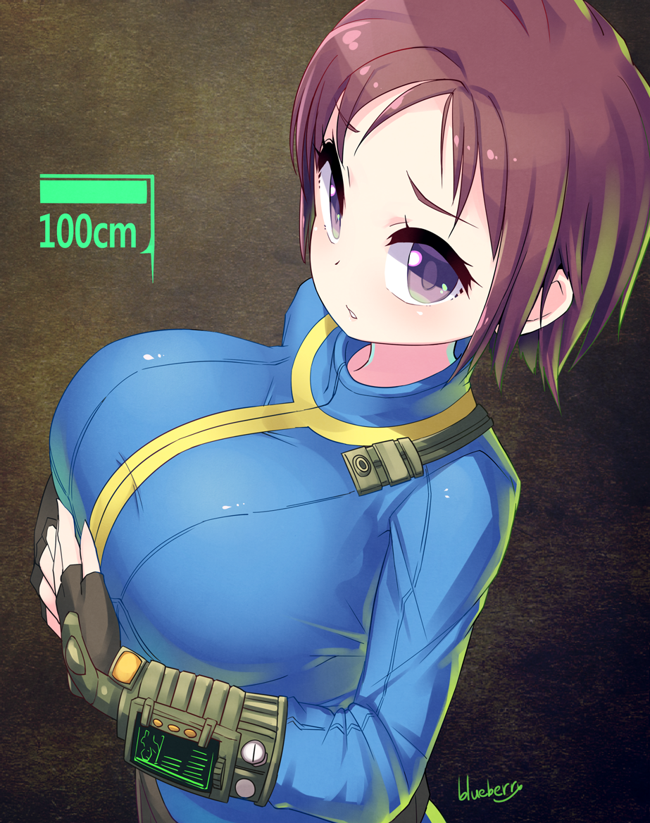 artist_name black_gloves blueberry_(5959) breast_hold breasts brown_hair fallout fingerless_gloves gloves large_breasts pip_boy purple_eyes short_hair solo vault_suit