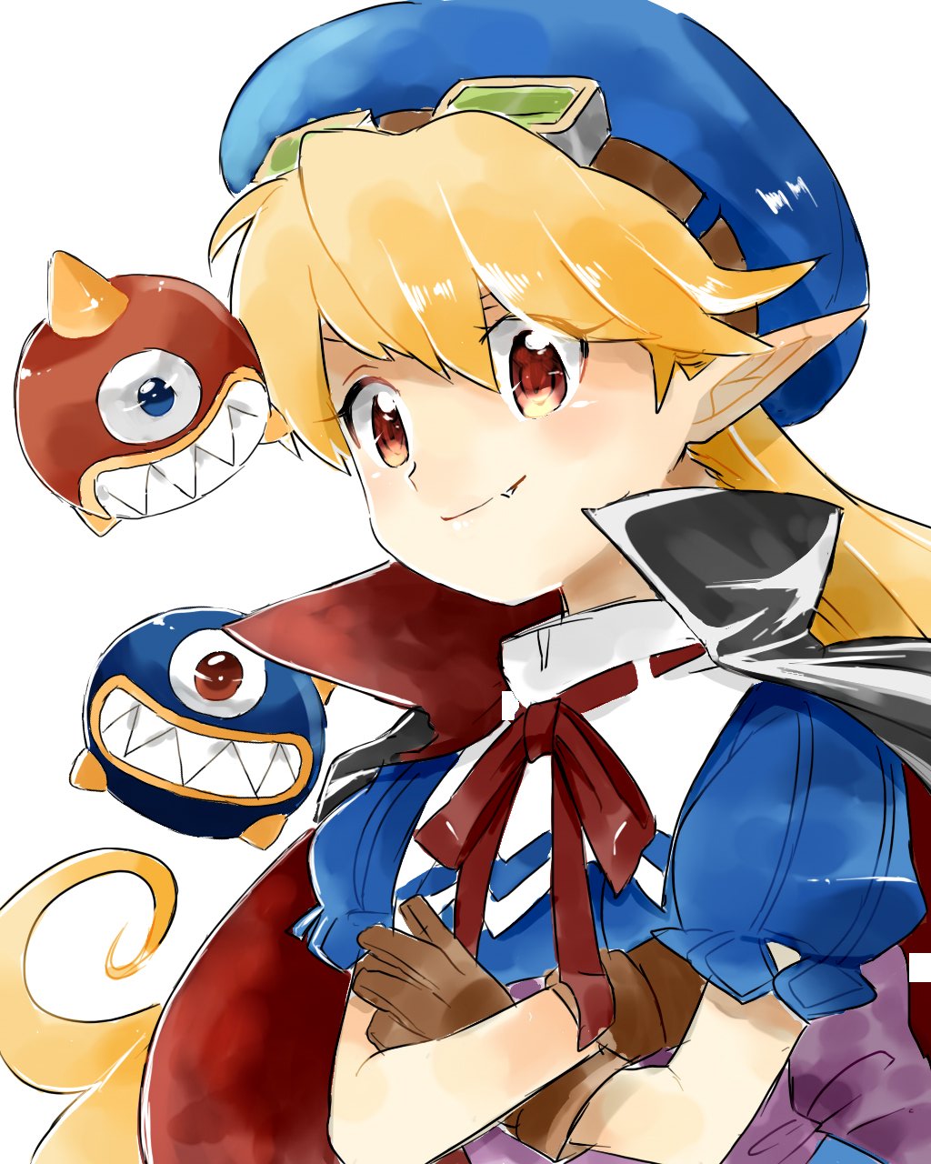1girl blonde_hair blue_hat bow breasts cape commentary_request curly_hair dress fang gloves goggles goggles_on_head hat highres long_hair marivel_armitage pointy_ears red_eyes ribbon smile vampire wild_arms wild_arms_2