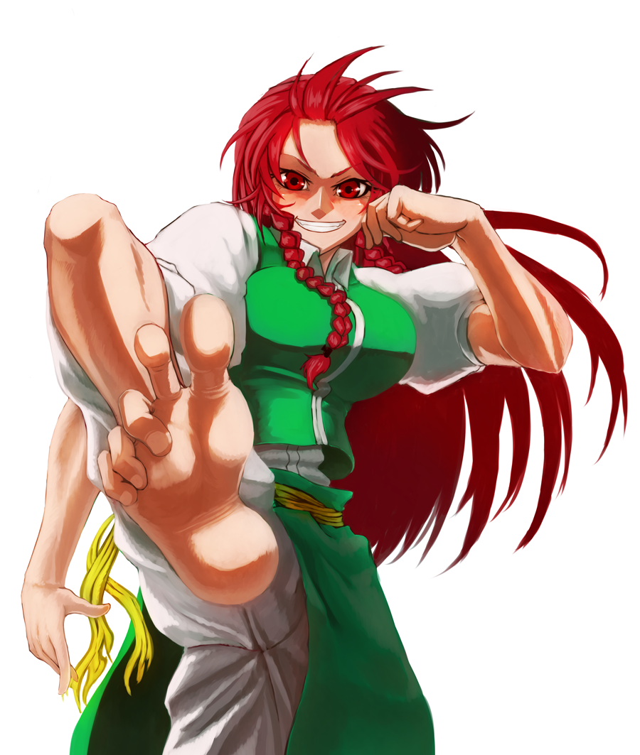 alternate_eye_color barefoot braid breasts chinese_clothes collared_shirt feet foreshortening grin hong_meiling koyubi_(littlefinger1988) large_breasts long_hair looking_at_viewer pants pants_rolled_up pov_feet puffy_short_sleeves puffy_sleeves red_eyes red_hair shirt short_sleeves side_slit simple_background skirt skirt_set smile soles solo standing standing_on_one_leg tangzhuang toe_scrunch toes touhou twin_braids white_background white_pants