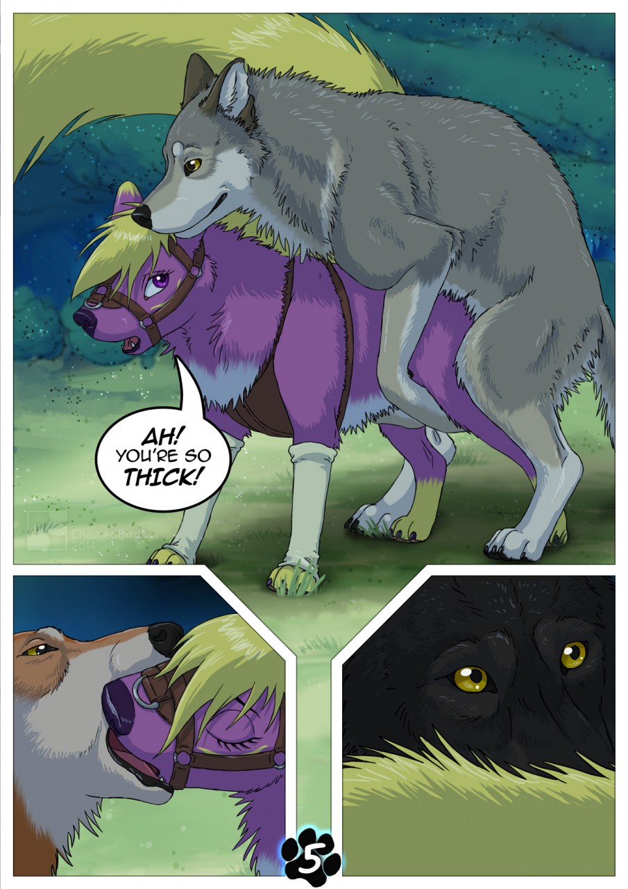 all_fours canine chainedbirds comic doggystyle duo english_text female feral feral_on_ferak from_behind fur hair harness juniperskunk kissing male male/female mammal open_mouth sex text wolf