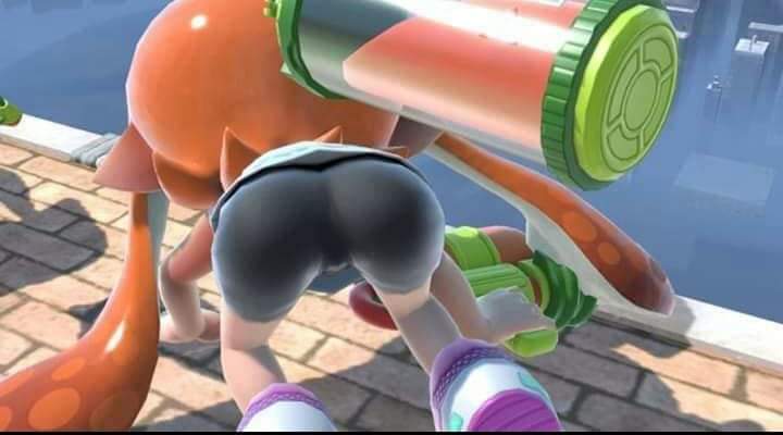 all_fours butt camel_toe cephalopod clothed clothing detailed_background footwear humanoid inkling marine mollusk nintendo shoes splatoon super_smash_bros tentacle_hair tentacles tight_clothing video_games weapon