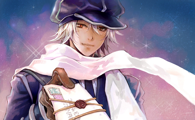 asino brown_eyes gauche_suede gloves hat letter male_focus silver_hair sky smile solo star_(sky) starry_sky tegami_bachi uniform