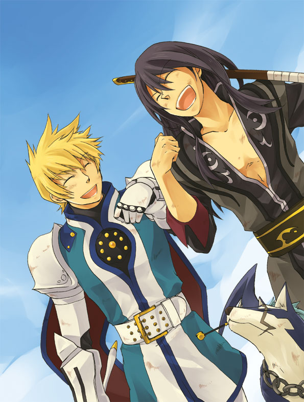 armor black_hair blonde_hair blue_background dog flynn_scifo kiseru long_hair male_focus multiple_boys pipe repede sheath sheathed smile surcoat sword tales_of_(series) tales_of_vesperia weapon yogura yuri_lowell