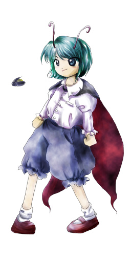 antennae bad_hands blue_eyes bug cape green_hair imperishable_night insect insect_girl official_art oota_jun'ya pants pigeon-toed short_hair solo touhou wriggle_nightbug
