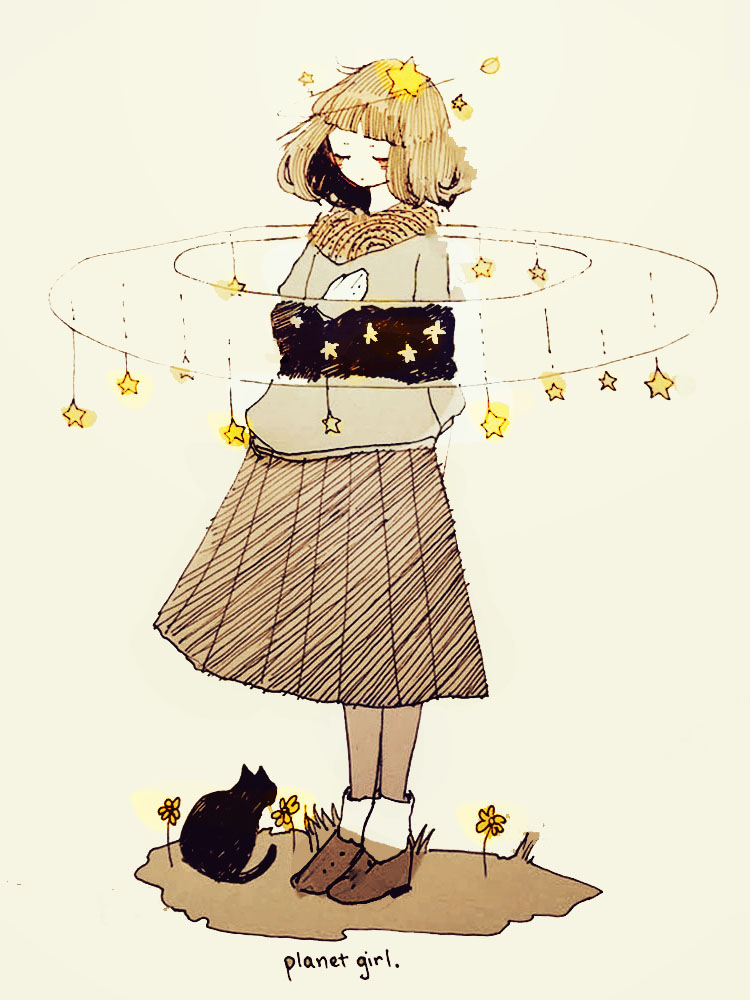 bad_id bad_pixiv_id bangs black_cat blonde_hair blush cat closed_eyes flower full_body grey_background hand_on_own_chest original personification planetarium pleated_skirt shoes simple_background sketch skirt socks solo standing star_(sky) tofuvi white_legwear